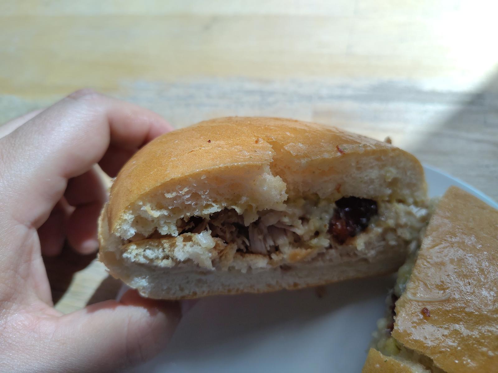 Inside a McKays pork sandwich